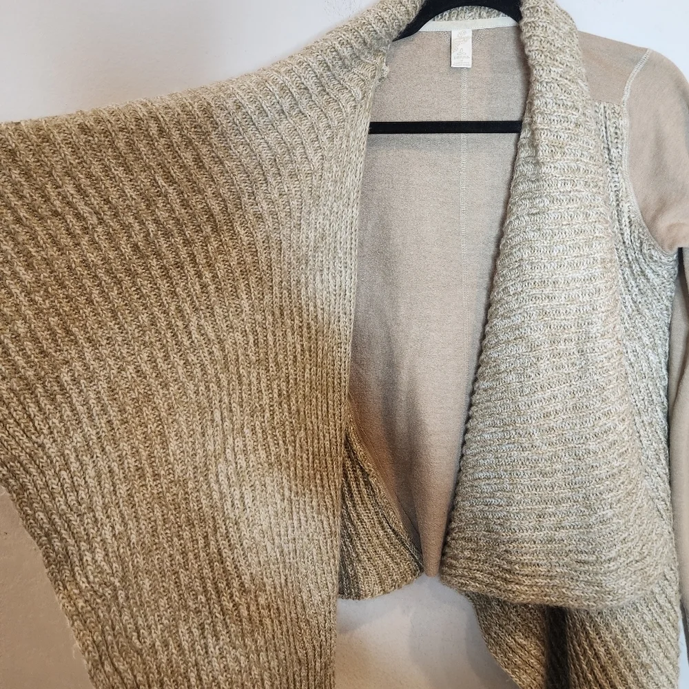 Prana wool-blend tan‎ demure drape cardigan.  Women's size medium